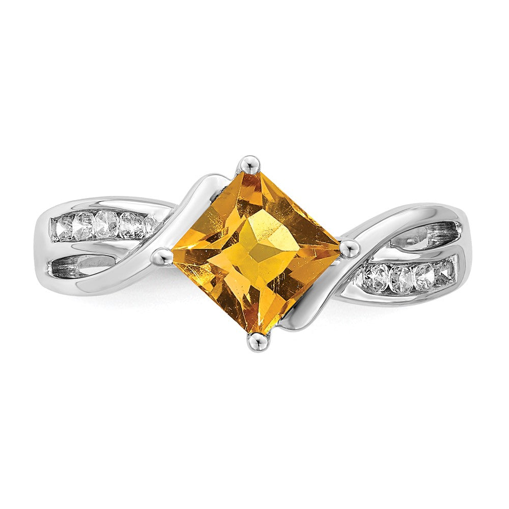 14K Weißgold Ring mit quadratischem Citrin und echten Diamanten