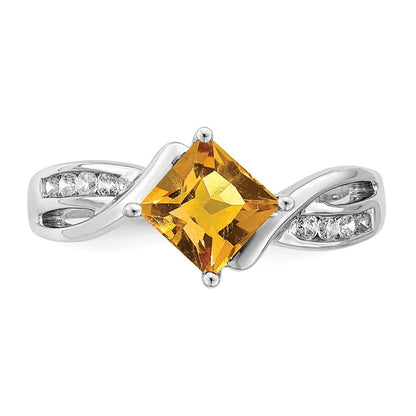 14K Weißgold Ring mit quadratischem Citrin und echten Diamanten