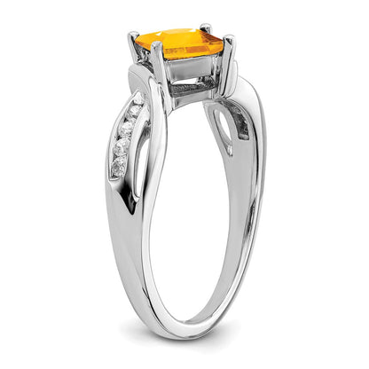 14K Weißgold Ring mit quadratischem Citrin und echten Diamanten