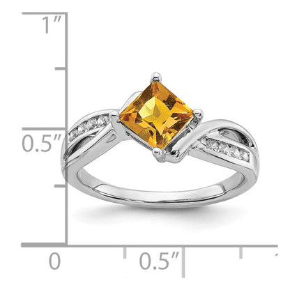 14K Weißgold Ring mit quadratischem Citrin und echten Diamanten