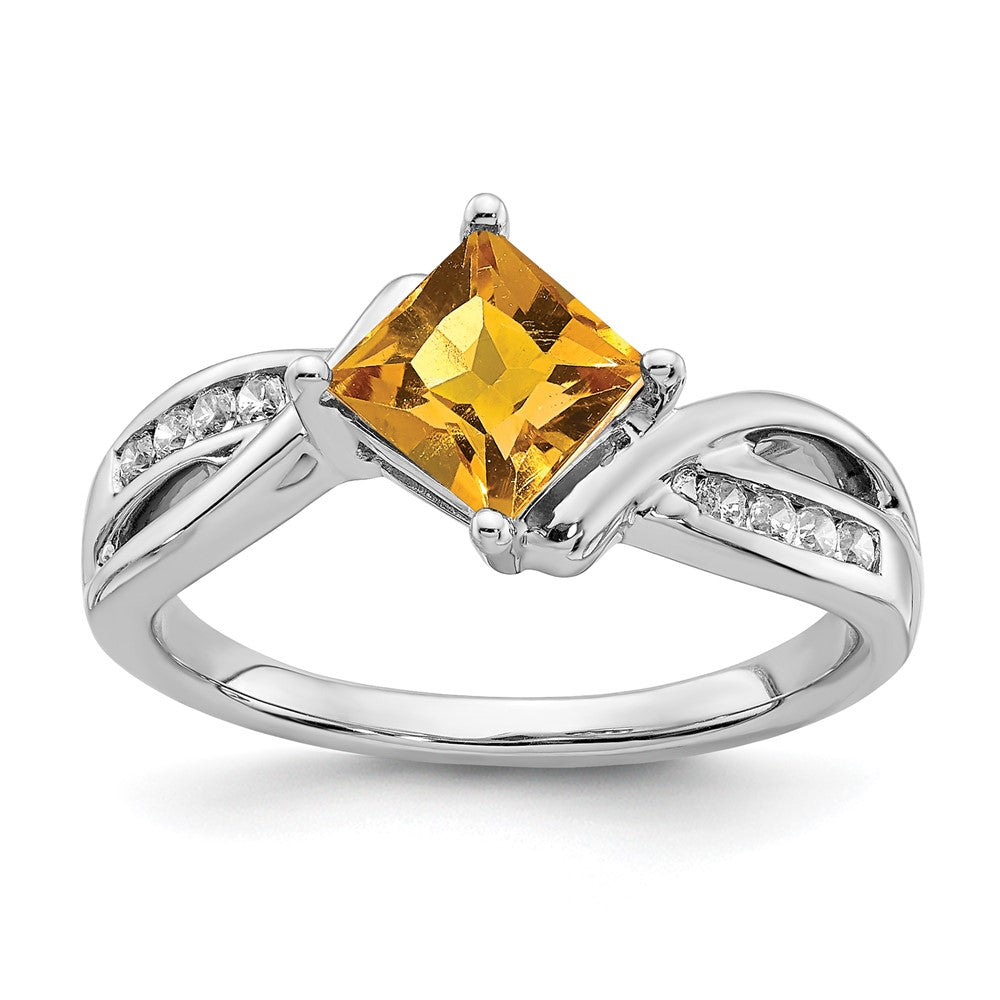 14K Weißgold Ring mit quadratischem Citrin und echten Diamanten