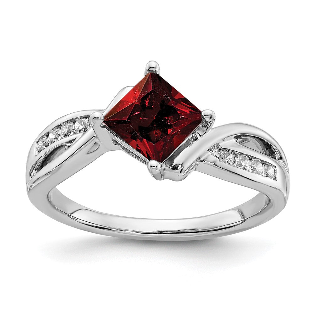 14K Weißgold Ring mit quadratischem Granat und echten Diamanten
