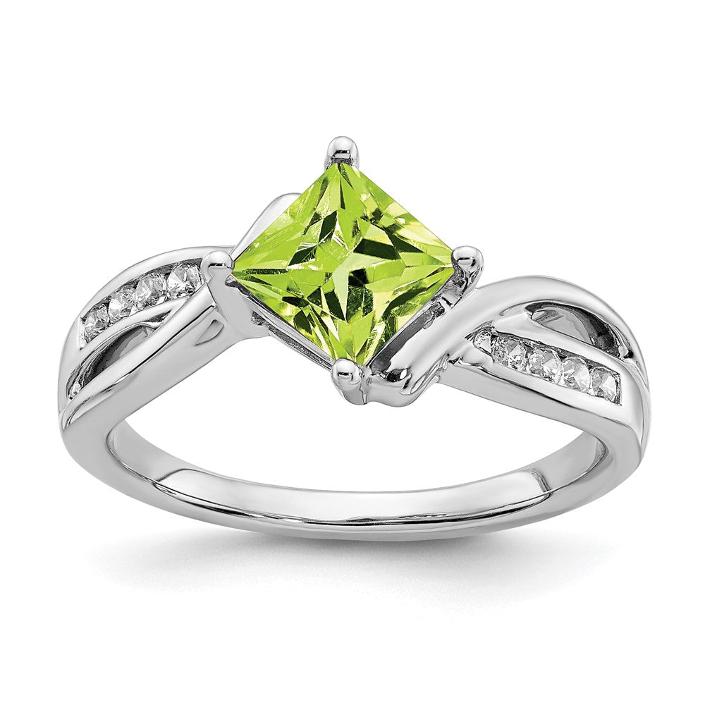 14K Weißgold Ring mit quadratischem Peridot und echten Diamanten
