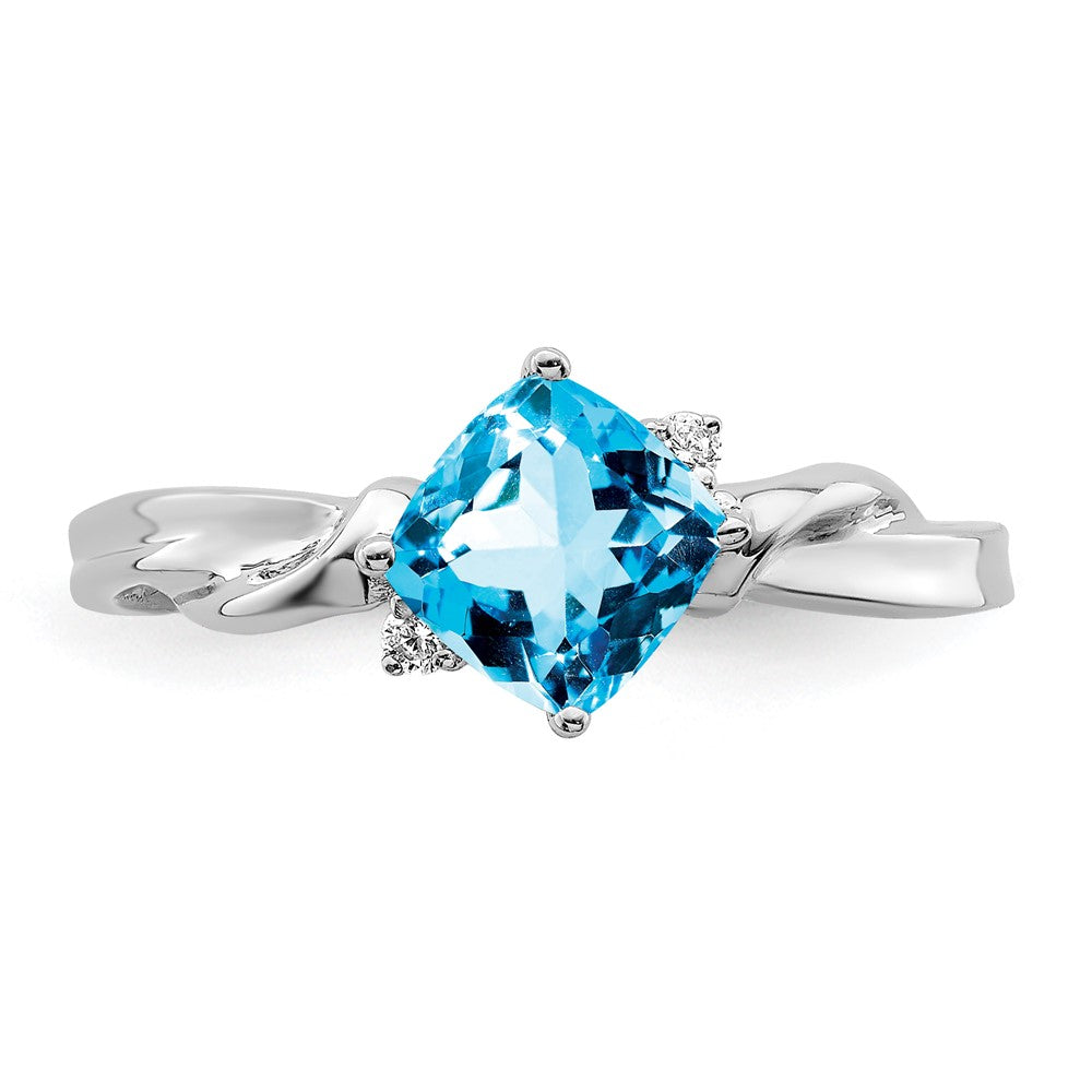 14K Weißgold Ring mit Kissenschliff-Blautopas und echtem Diamant