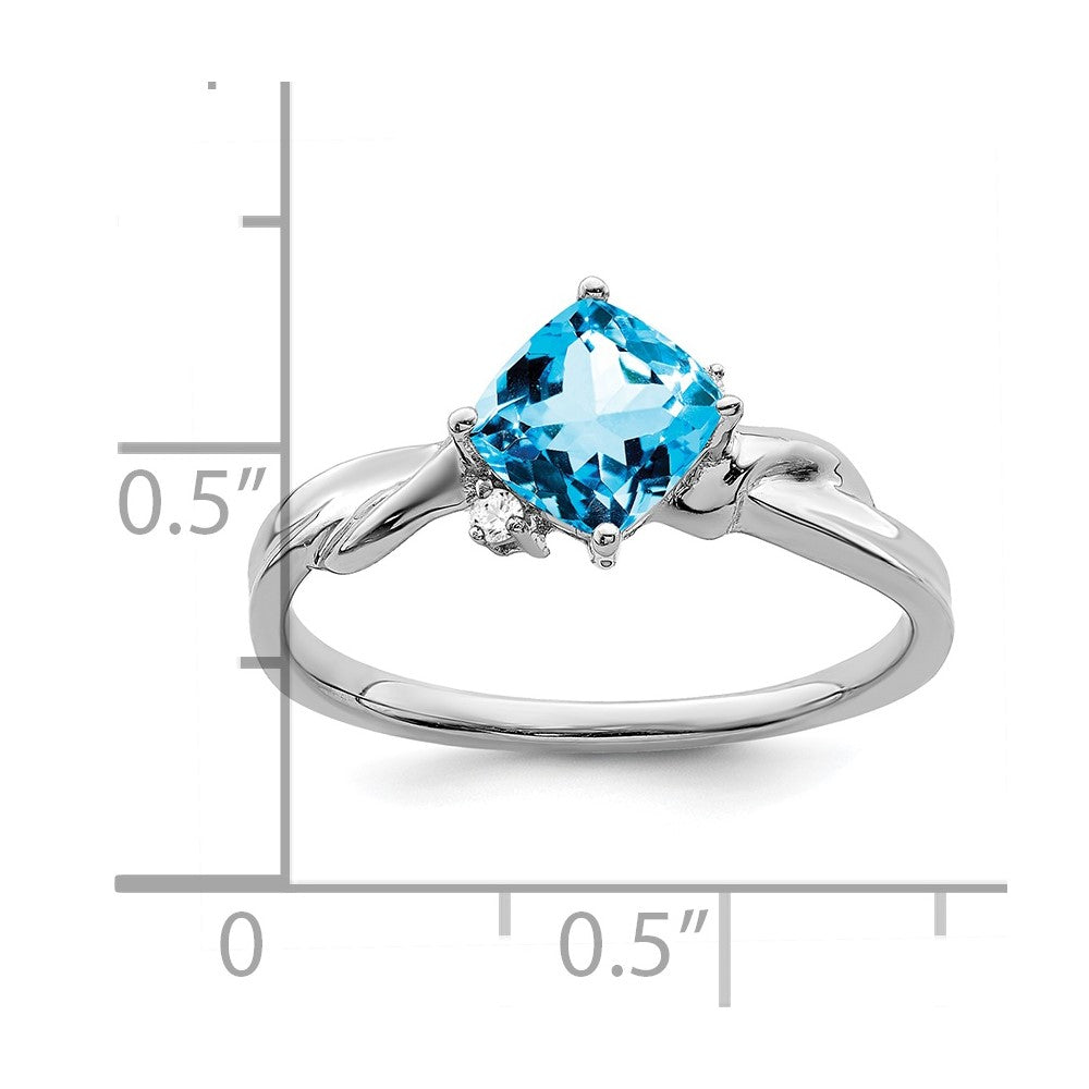 14K Weißgold Ring mit Kissenschliff-Blautopas und echtem Diamant