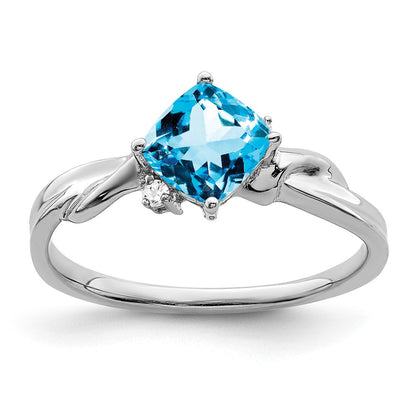 14K Weißgold Ring mit Kissenschliff-Blautopas und echtem Diamant