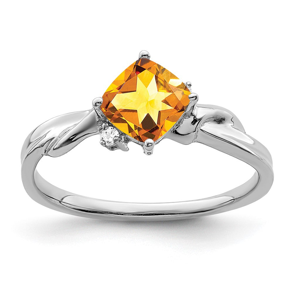 14K Weißgold Ring mit Kissenschliff-Citrin und echten Diamanten
