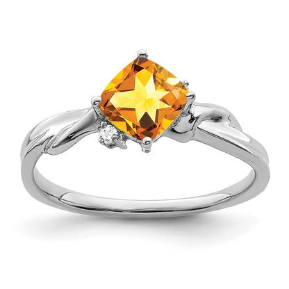 14K Weißgold Ring mit Kissenschliff-Citrin und echten Diamanten