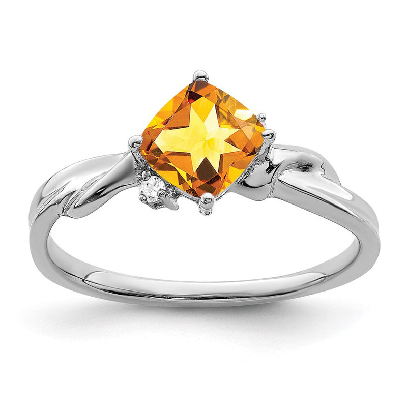 14K Weißgold Ring mit Kissenschliff-Citrin und echten Diamanten
