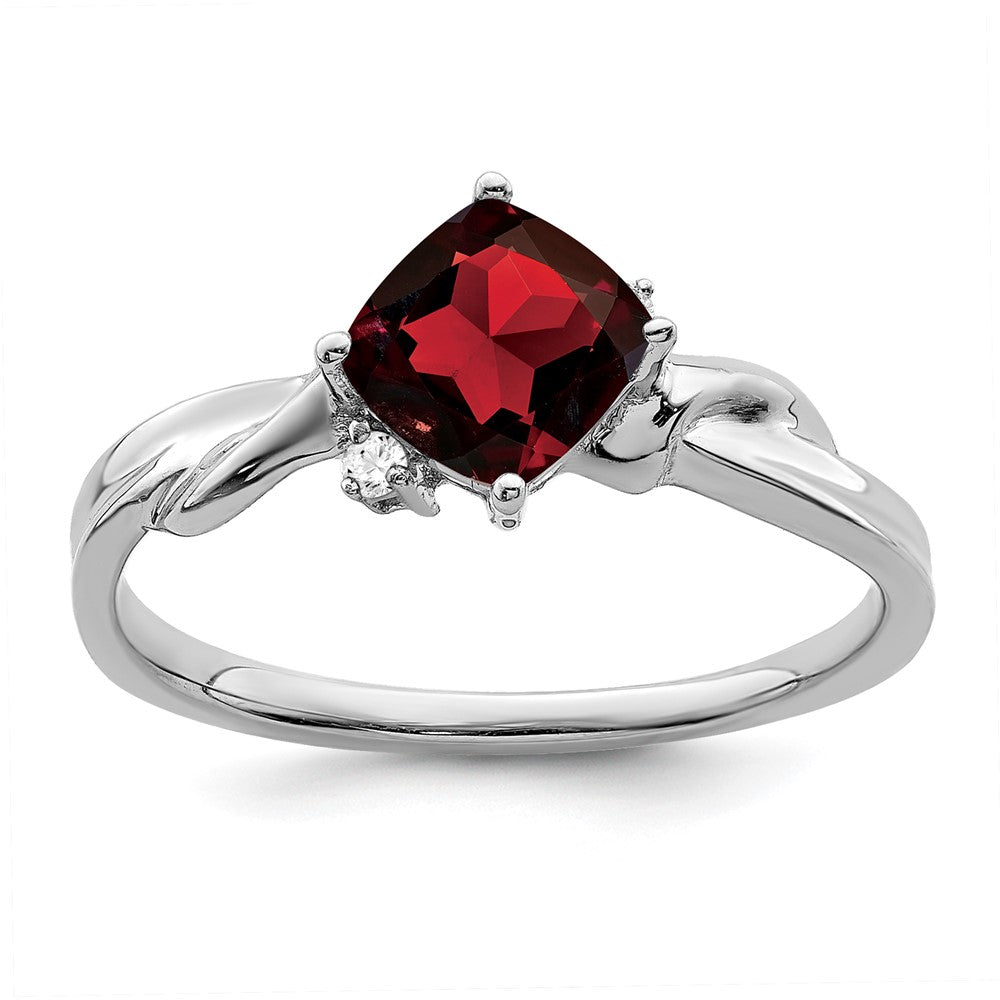 14K Weißgold Ring mit Granat im Kissenschliff und echten Diamanten