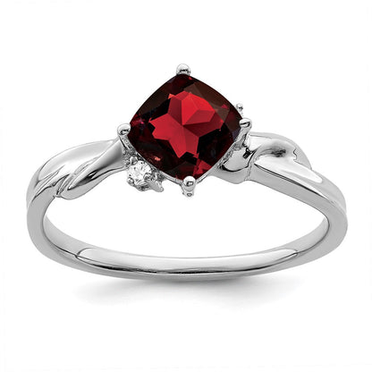 14K Weißgold Ring mit Granat im Kissenschliff und echten Diamanten