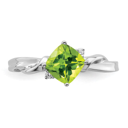 14K Weißgold Ring mit Kissenschliff-Peridot und echten Diamanten
