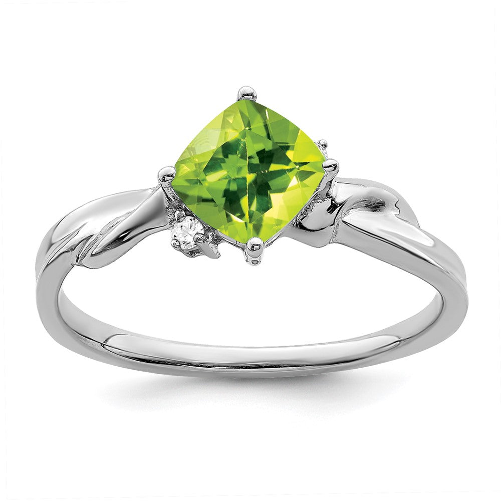 14K Weißgold Ring mit Kissenschliff-Peridot und echten Diamanten