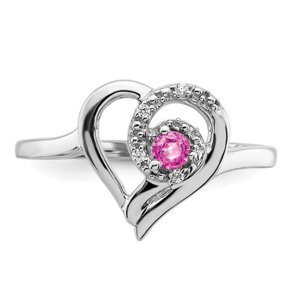 14K Weißgold Ring mit gezüchtetem Pink-Saphir und echtem Diamant in Herzform