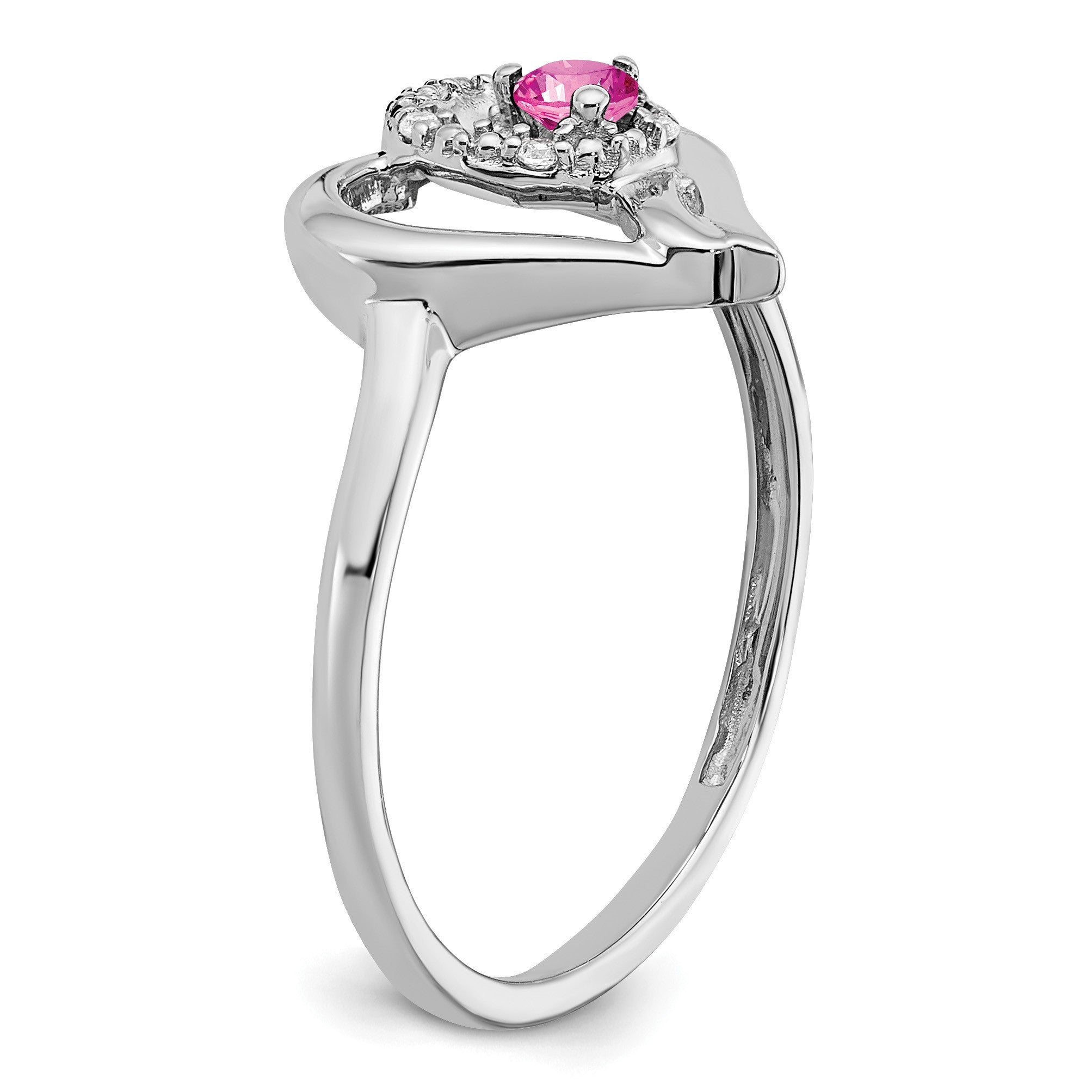 14K Weißgold Ring mit gezüchtetem Pink-Saphir und echtem Diamant in Herzform