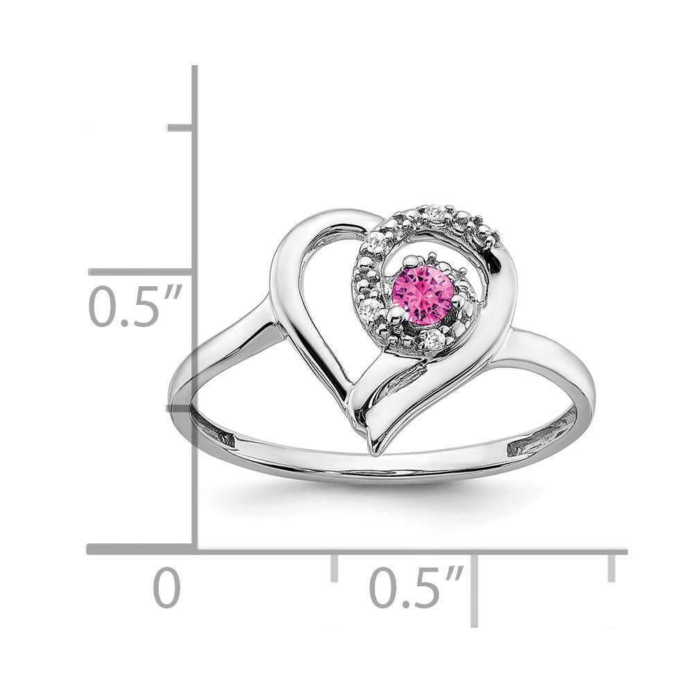 14K Weißgold Ring mit gezüchtetem Pink-Saphir und echtem Diamant in Herzform