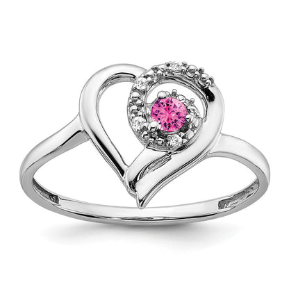 14K Weißgold Ring mit gezüchtetem Pink-Saphir und echtem Diamant in Herzform