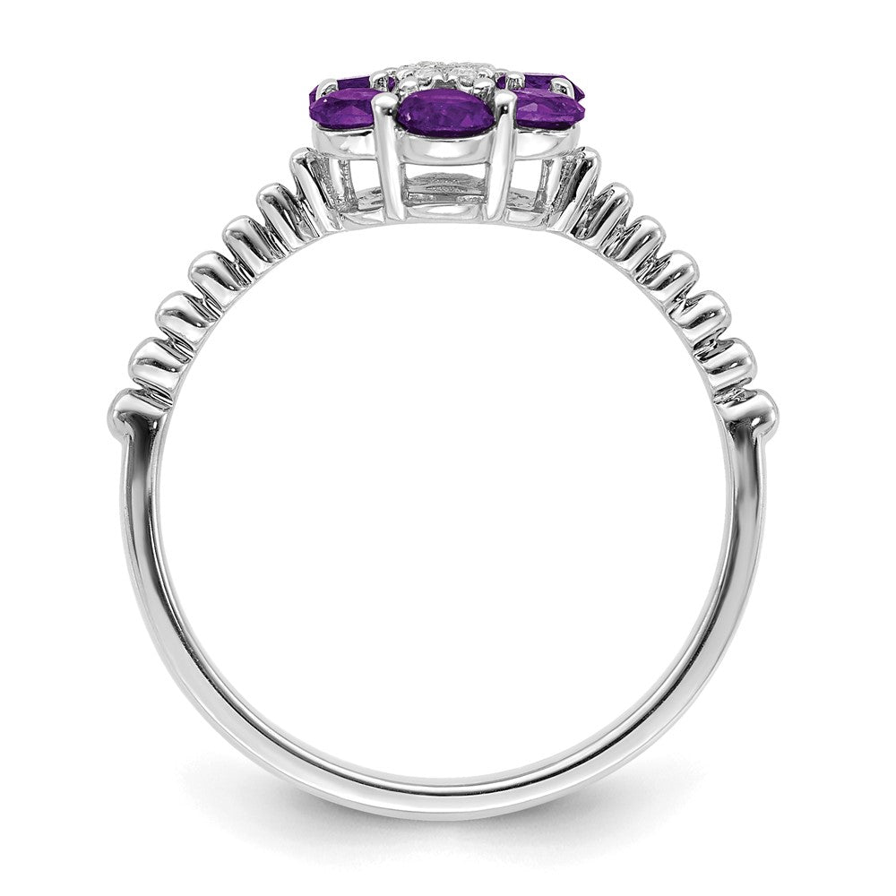 14K Weißgold Ring mit Amethyst und echten Diamanten, Blumendesign