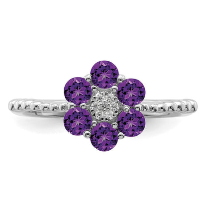 14K Weißgold Ring mit Amethyst und echten Diamanten, Blumendesign