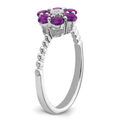 14K Weißgold Ring mit Amethyst und echten Diamanten, Blumendesign