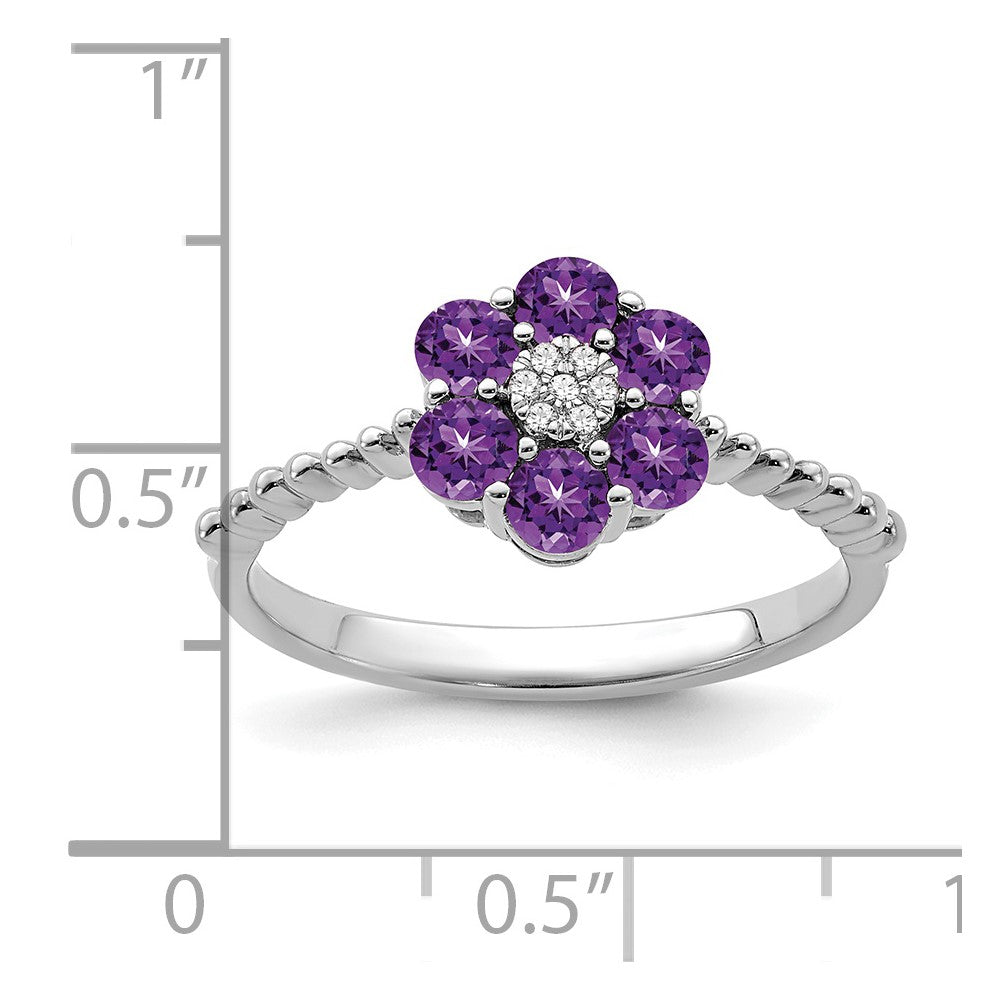 14K Weißgold Ring mit Amethyst und echten Diamanten, Blumendesign