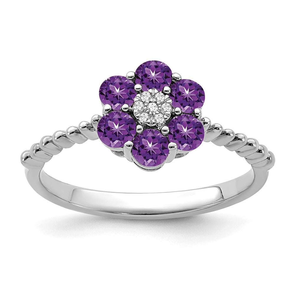 14K Weißgold Ring mit Amethyst und echten Diamanten, Blumendesign