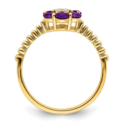 14K Gelbgold Ring mit Amethyst und echten Diamanten in Blumendesign