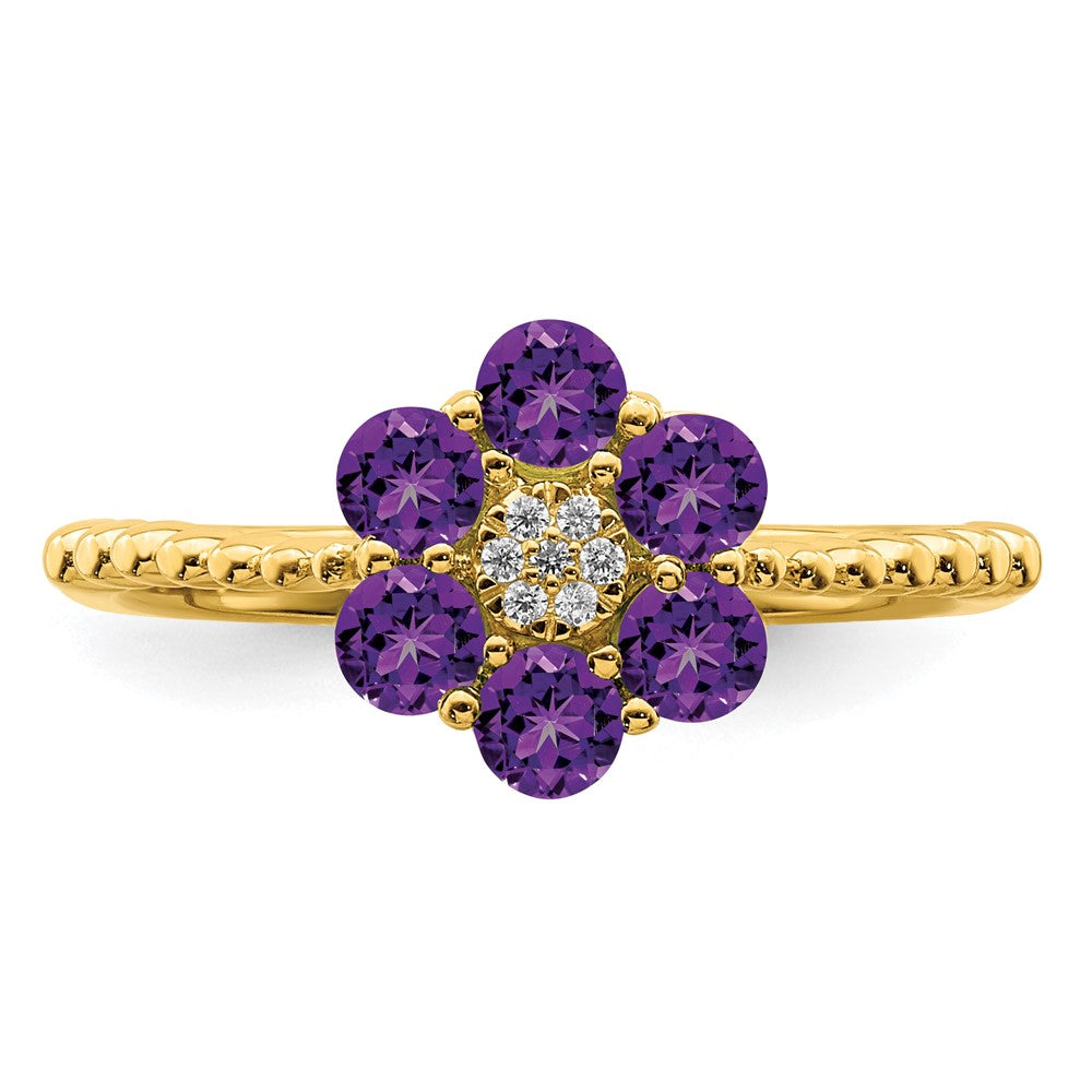 14K Gelbgold Ring mit Amethyst und echten Diamanten in Blumendesign