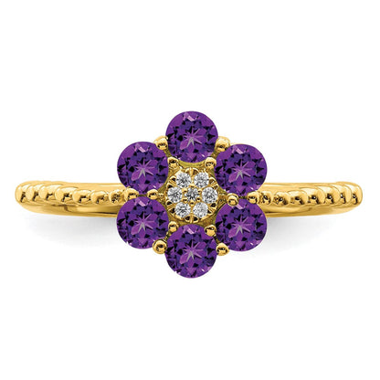 14K Gelbgold Ring mit Amethyst und echten Diamanten in Blumendesign