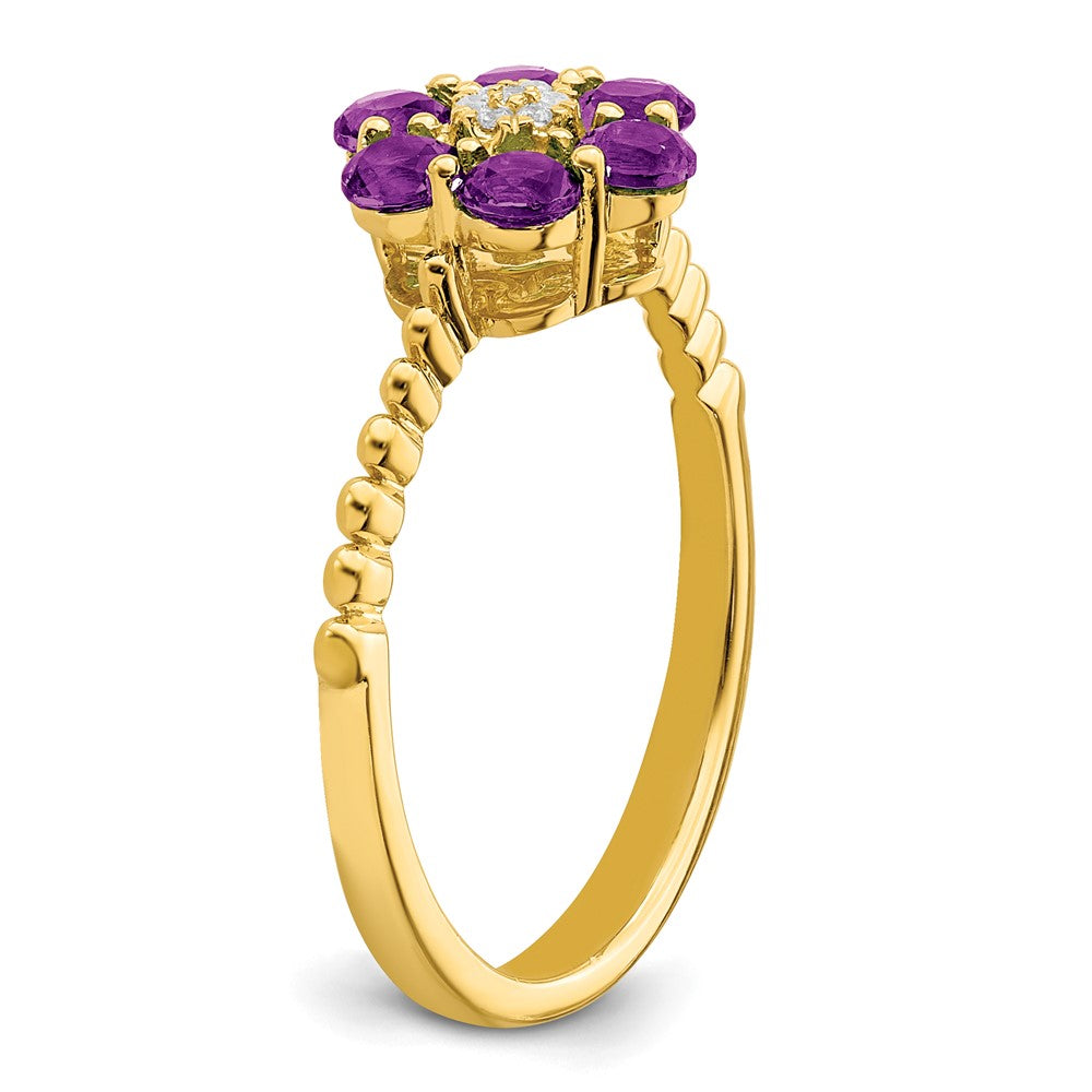 14K Gelbgold Ring mit Amethyst und echten Diamanten in Blumendesign