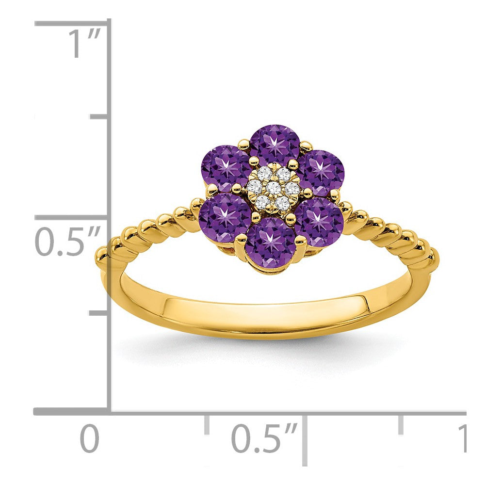 14K Gelbgold Ring mit Amethyst und echten Diamanten in Blumendesign