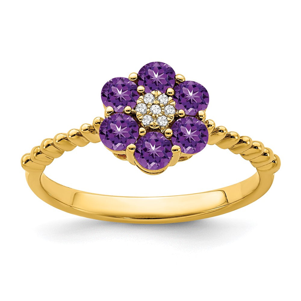 14K Gelbgold Ring mit Amethyst und echten Diamanten in Blumendesign