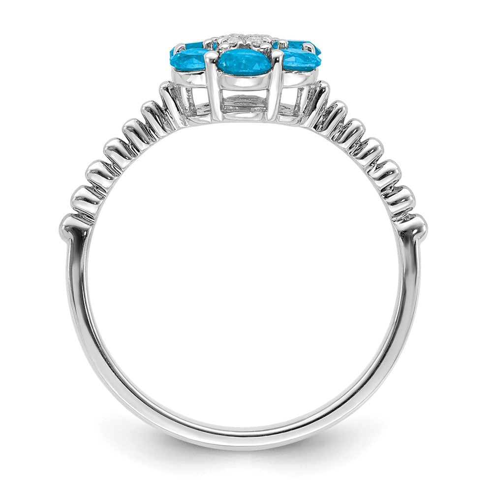 14K Weißgold Ring mit Blautopas und echten Diamanten, Blumenmotiv