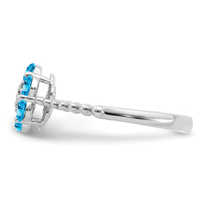 14K Weißgold Ring mit Blautopas und echten Diamanten, Blumenmotiv