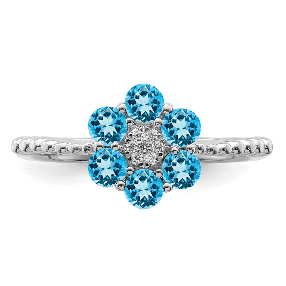 14K Weißgold Ring mit Blautopas und echten Diamanten, Blumenmotiv
