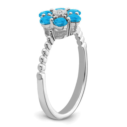14K Weißgold Ring mit Blautopas und echten Diamanten, Blumenmotiv