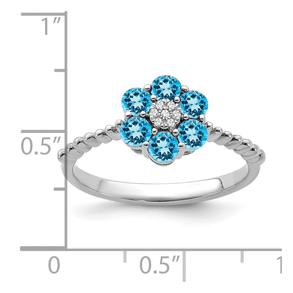 14K Weißgold Ring mit Blautopas und echten Diamanten, Blumenmotiv