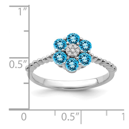 14K Weißgold Ring mit Blautopas und echten Diamanten, Blumenmotiv