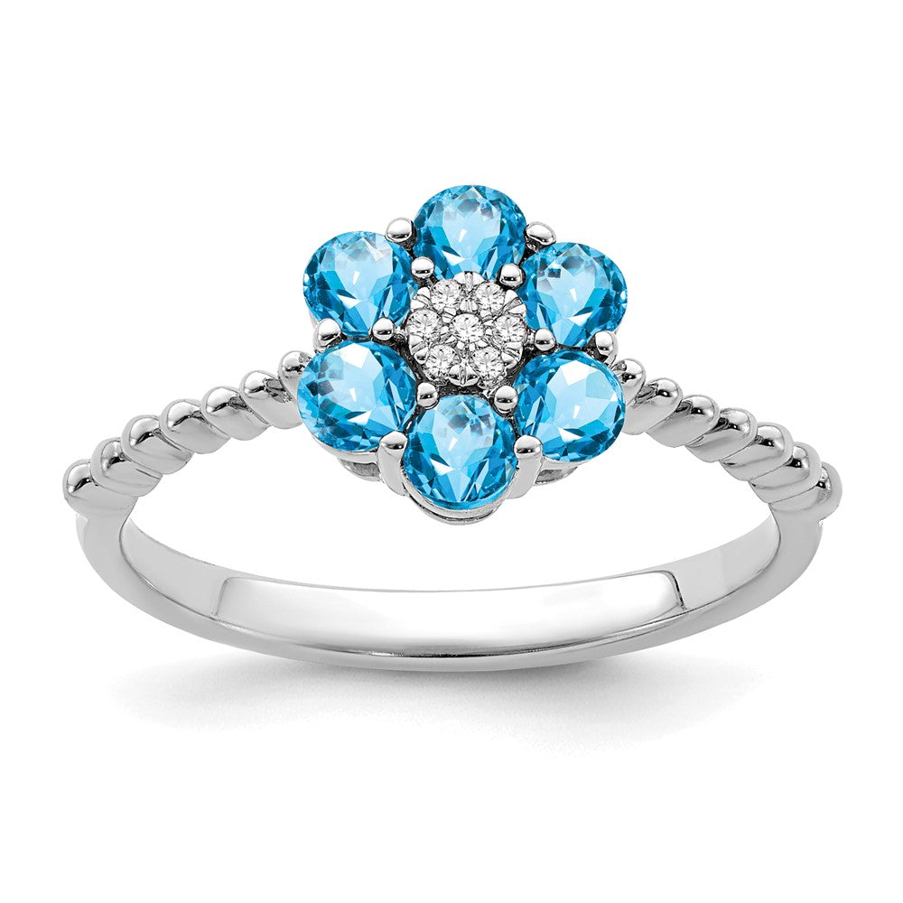 14K Weißgold Ring mit Blautopas und echten Diamanten, Blumenmotiv