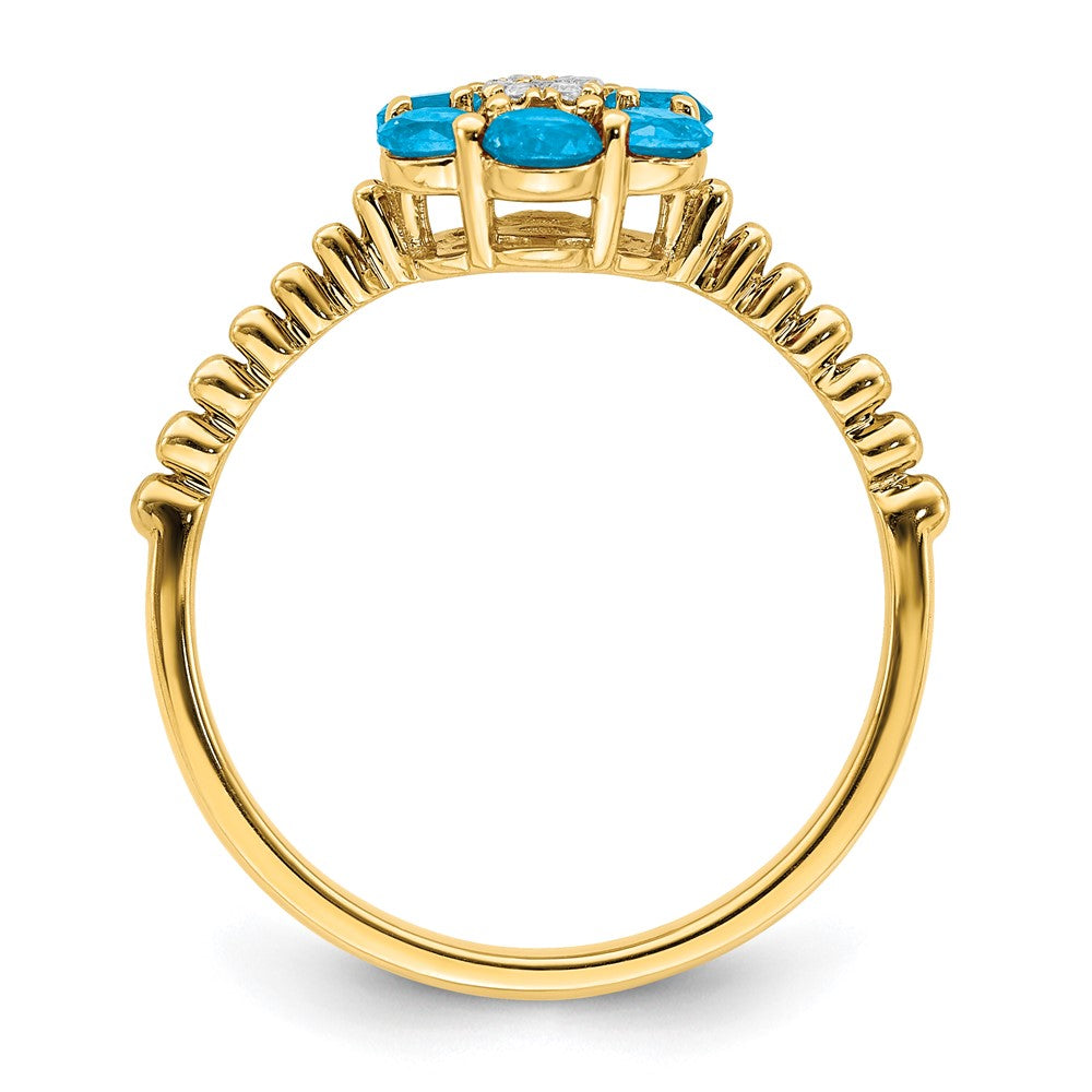 14K Gelbgold Ring mit Blautopas und echten Diamanten, Blumendesign