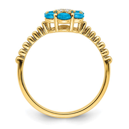 14K Gelbgold Ring mit Blautopas und echten Diamanten, Blumendesign