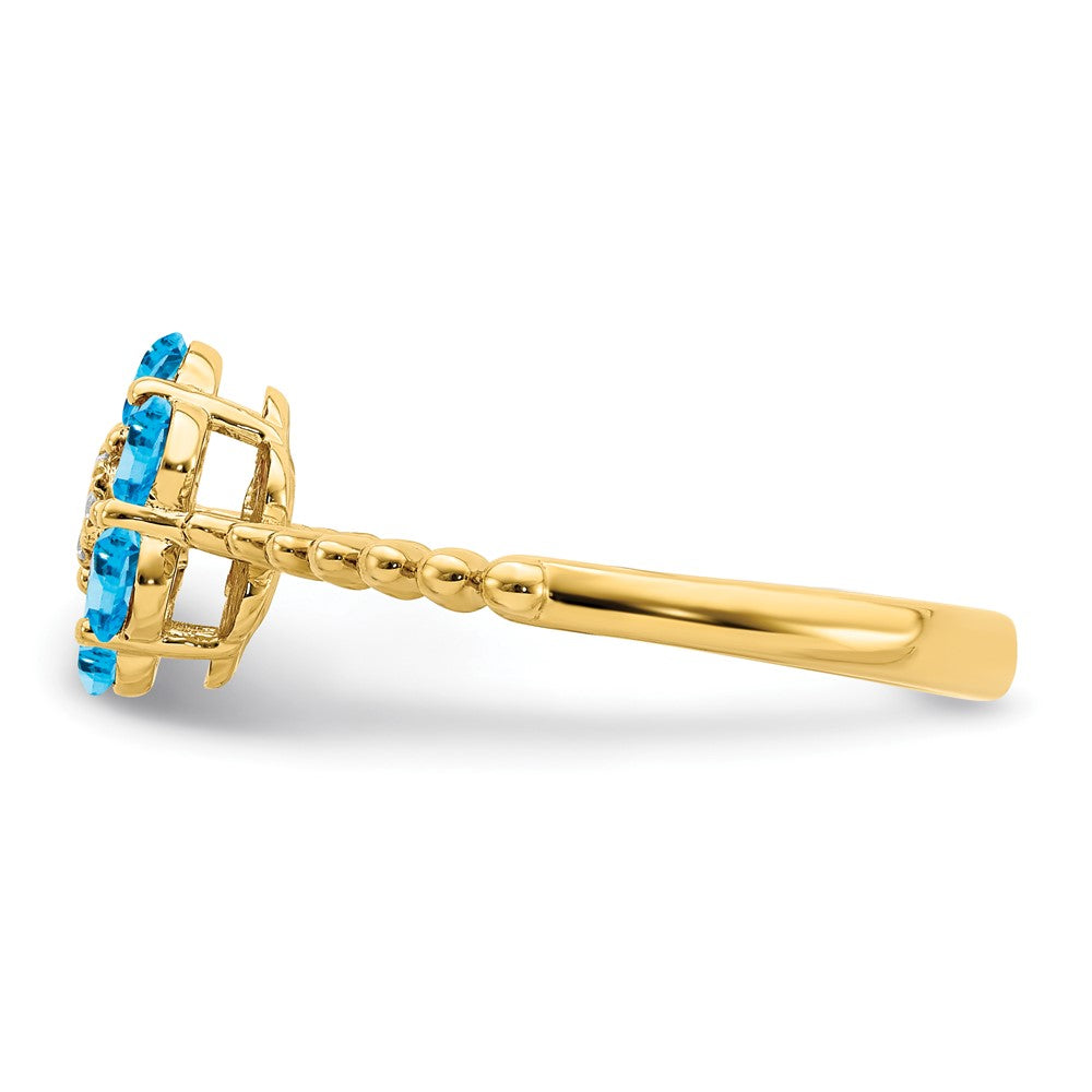14K Gelbgold Ring mit Blautopas und echten Diamanten, Blumendesign