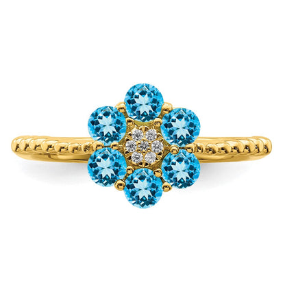 14K Gelbgold Ring mit Blautopas und echten Diamanten, Blumendesign