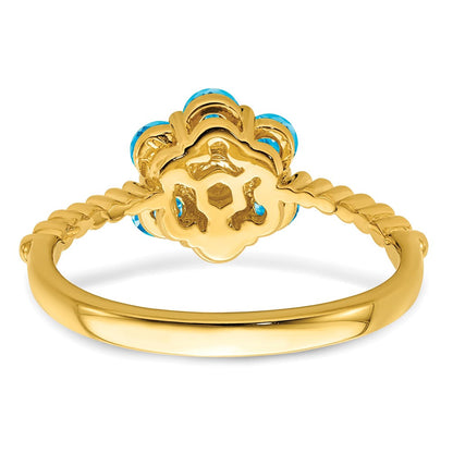 14K Gelbgold Ring mit Blautopas und echten Diamanten, Blumendesign