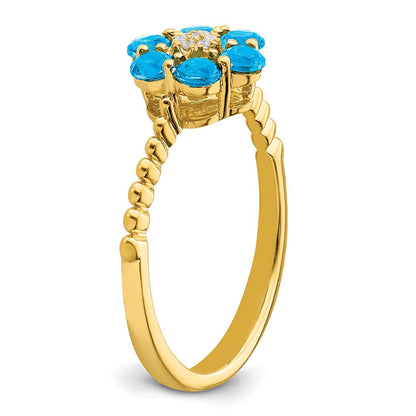 14K Gelbgold Ring mit Blautopas und echten Diamanten, Blumendesign