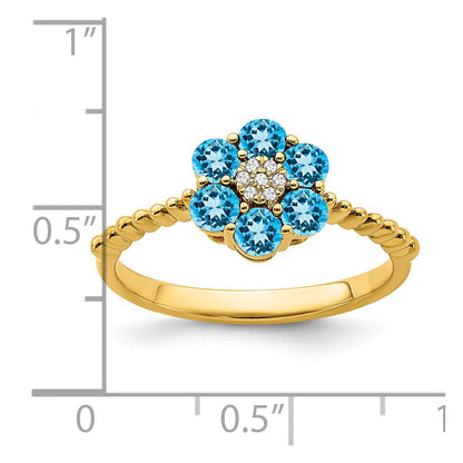 14K Gelbgold Ring mit Blautopas und echten Diamanten, Blumendesign