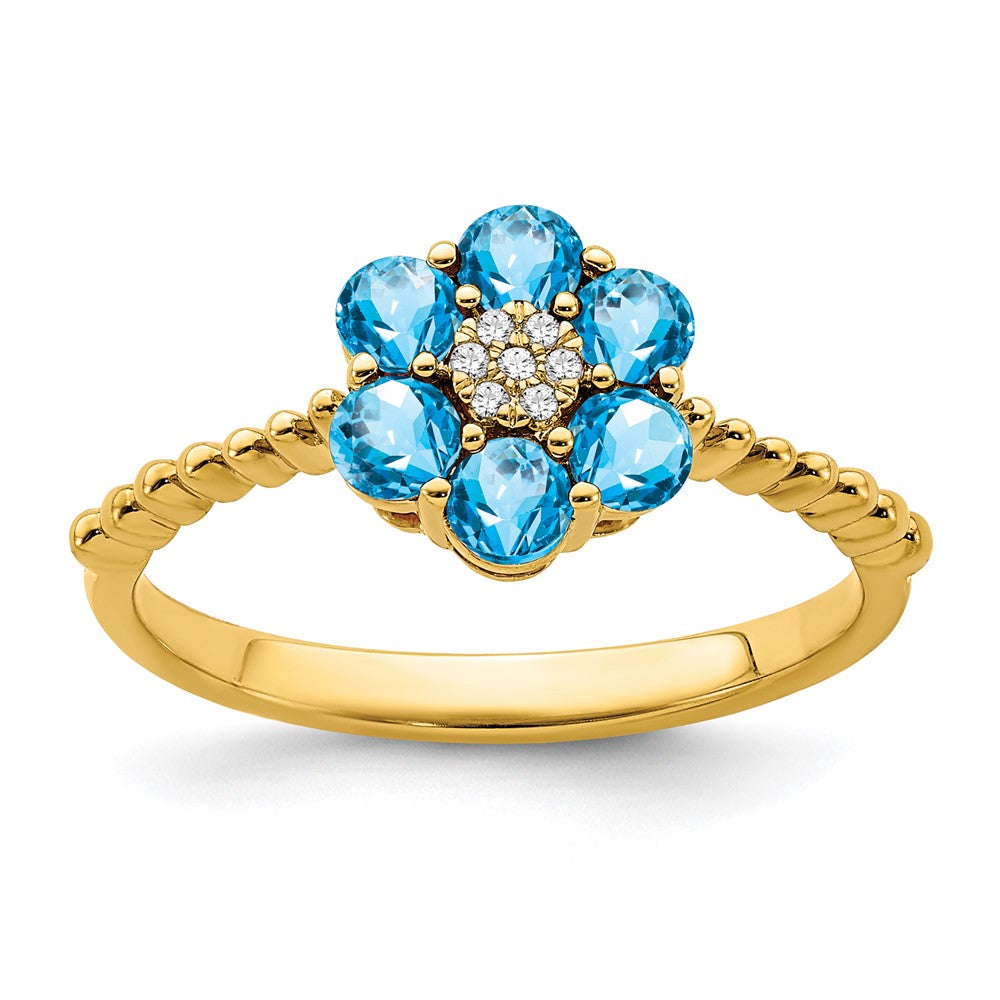 14K Gelbgold Ring mit Blautopas und echten Diamanten, Blumendesign