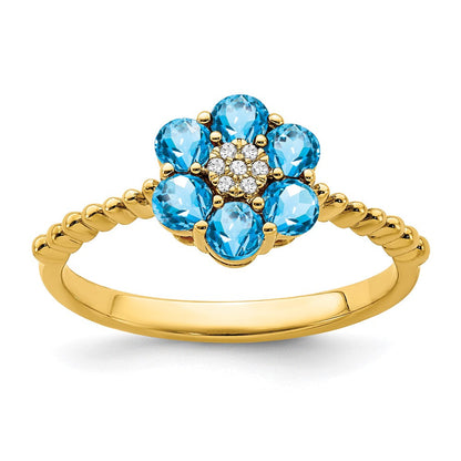 14K Gelbgold Ring mit Blautopas und echten Diamanten, Blumendesign