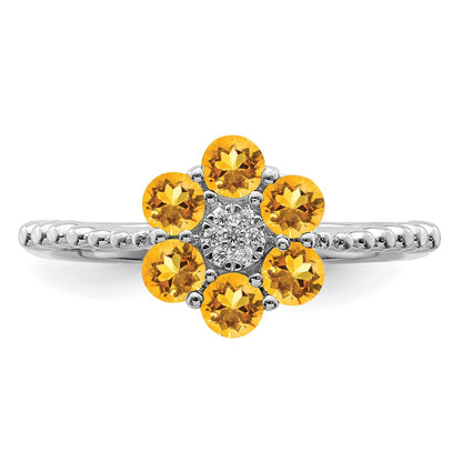 14K Weißgold Ring mit Citrin und echten Diamanten in Blumendesign