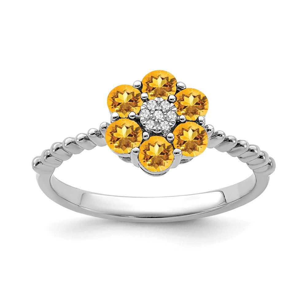 14K Weißgold Ring mit Citrin und echten Diamanten in Blumendesign